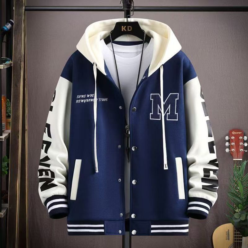 Men's Hooded Varsity Jacket - Spring & Autumn Casual Streetwear, Loose Plus Size for Teenagers & Students, Trendy Dope Style Baseball Coat with Patchwork Sleeves, Comfortable Athletic Outfit for Daily