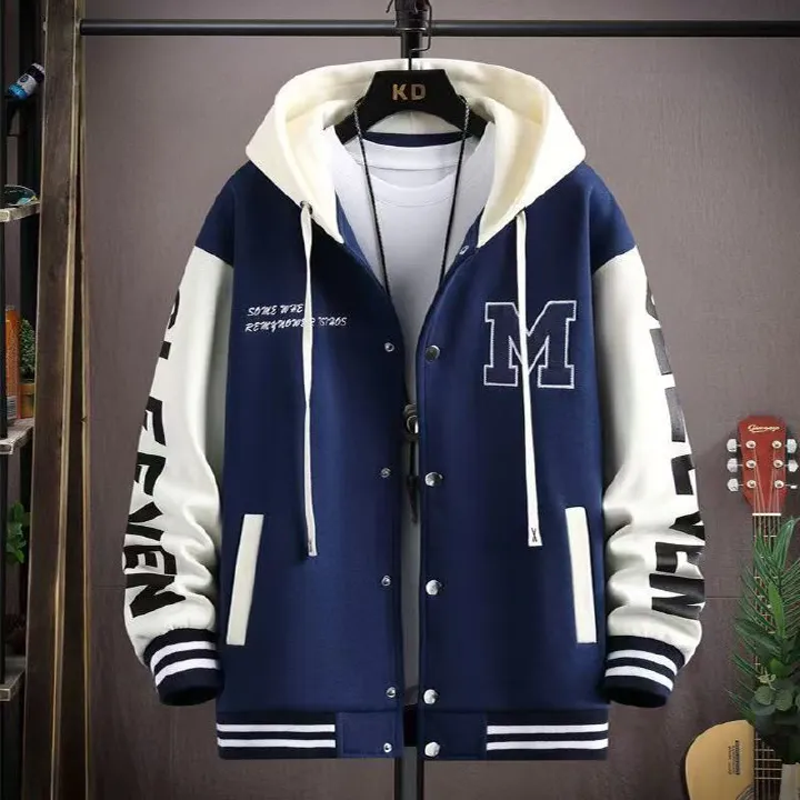 Men's Hooded Varsity Jacket - Spring & Autumn Casual Streetwear, Loose Plus Size for Teenagers & Students, Trendy Dope Style Baseball Coat with Patchwork Sleeves, Comfortable Athletic Outfit for Daily