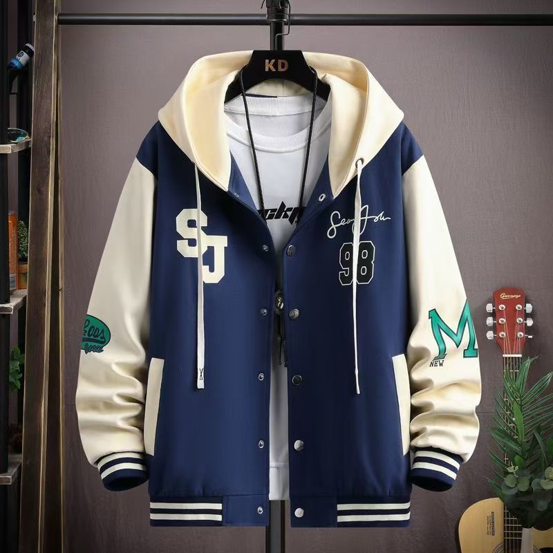 Men's Hooded Varsity Jacket - Spring & Autumn Casual Streetwear, Loose Plus Size for Teenagers & Students, Trendy Dope Style Baseball Coat with Patchwork Sleeves, Comfortable Athletic Outfit for Daily