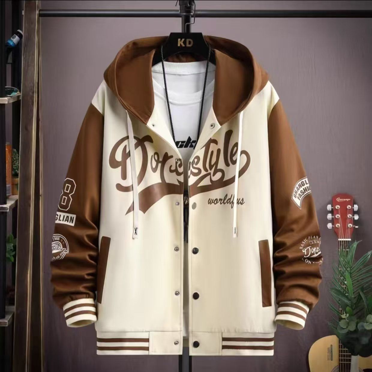 Men's Hooded Varsity Jacket - Spring & Autumn Casual Streetwear, Loose Plus Size for Teenagers & Students, Trendy Dope Style Baseball Coat with Patchwork Sleeves, Comfortable Athletic Outfit for Daily