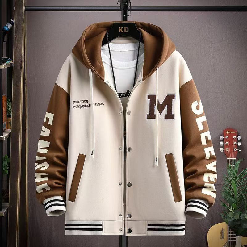 Men's Hooded Varsity Jacket - Spring & Autumn Casual Streetwear, Loose Plus Size for Teenagers & Students, Trendy Dope Style Baseball Coat with Patchwork Sleeves, Comfortable Athletic Outfit for Daily