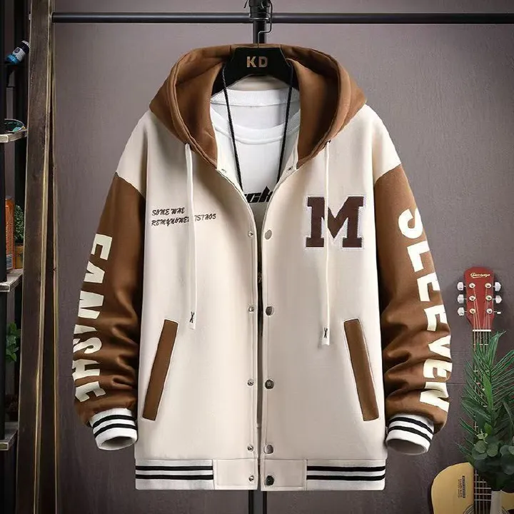 Men's Hooded Varsity Jacket - Spring & Autumn Casual Streetwear, Loose Plus Size for Teenagers & Students, Trendy Dope Style Baseball Coat with Patchwork Sleeves, Comfortable Athletic Outfit for Daily