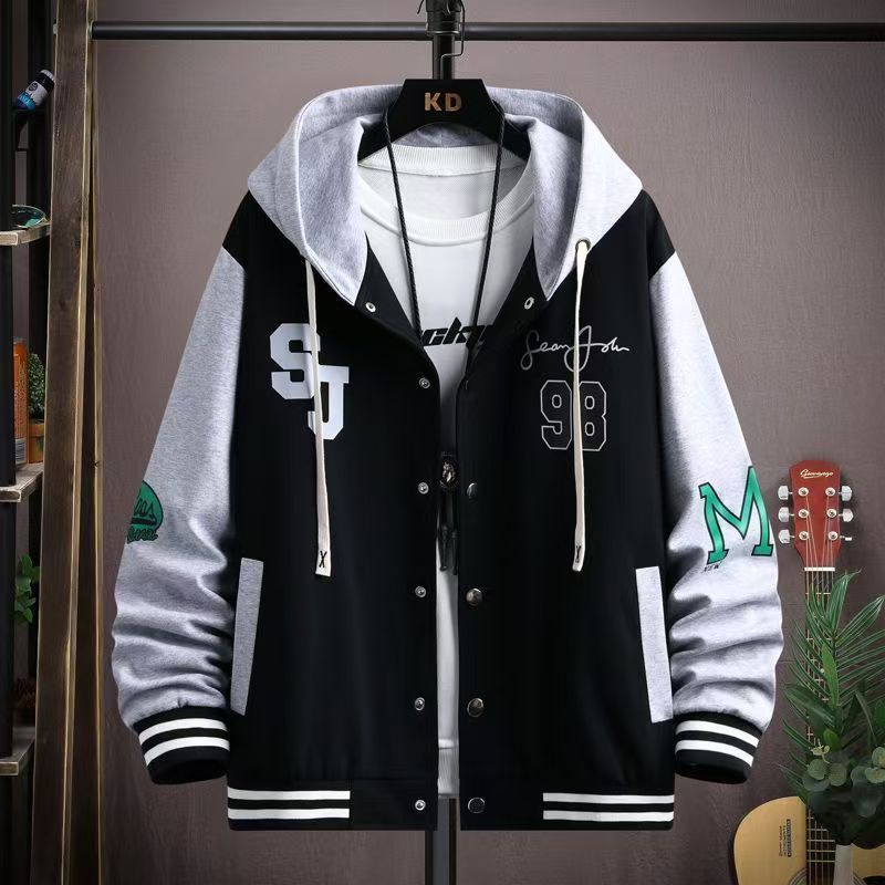 Men's Hooded Varsity Jacket - Spring & Autumn Casual Streetwear, Loose Plus Size for Teenagers & Students, Trendy Dope Style Baseball Coat with Patchwork Sleeves, Comfortable Athletic Outfit for Daily