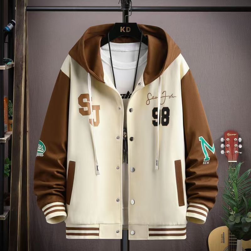 Men's Hooded Varsity Jacket - Spring & Autumn Casual Streetwear, Loose Plus Size for Teenagers & Students, Trendy Dope Style Baseball Coat with Patchwork Sleeves, Comfortable Athletic Outfit for Daily