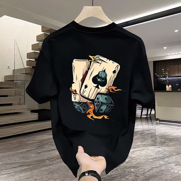 Men's High-Quality Short-Sleeve T-Shirt: American casual crew neck, breathable fabric. Trendy prints in black/white. Versatile for daily/streetwear. Comfortable fit, durable material.