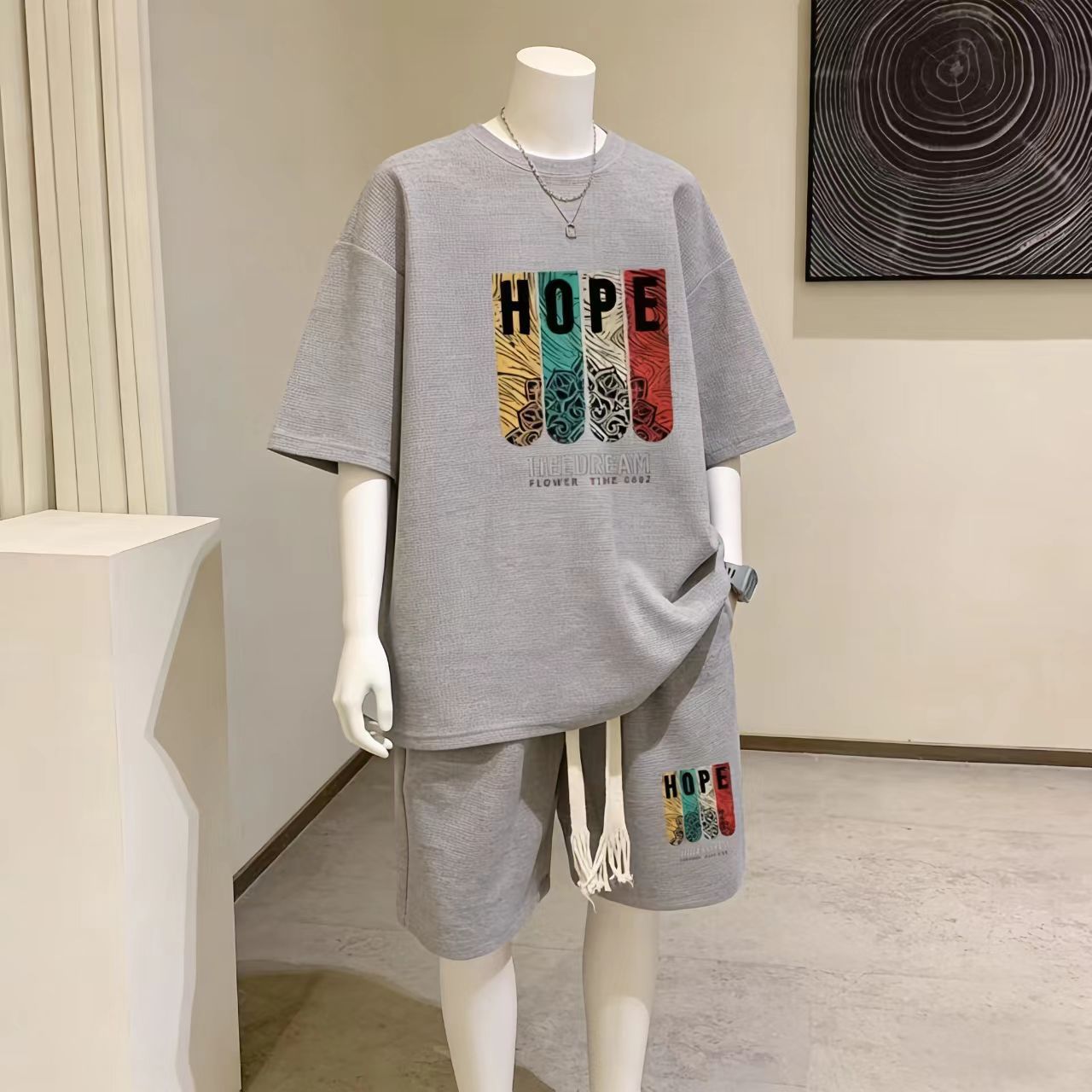 Men's Trendy Waffle Knit 2-Piece Short Set - Casual Sporty Streetwear, Loose Fit Hong Kong Style Outfit for Young Guys