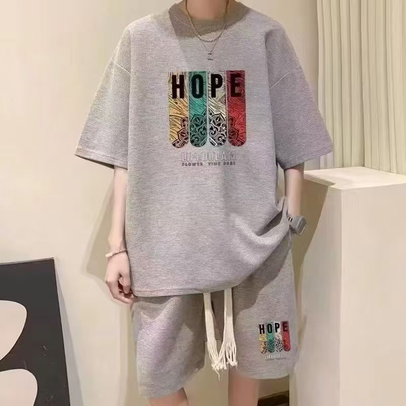 Men's Trendy Waffle Knit 2-Piece Short Set - Casual Sporty Streetwear, Loose Fit Hong Kong Style Outfit for Young Guys