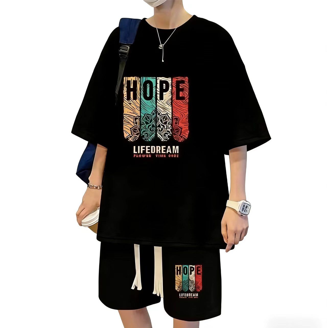 Men's Trendy Waffle Knit 2-Piece Short Set - Casual Sporty Streetwear, Loose Fit Hong Kong Style Outfit for Young Guys
