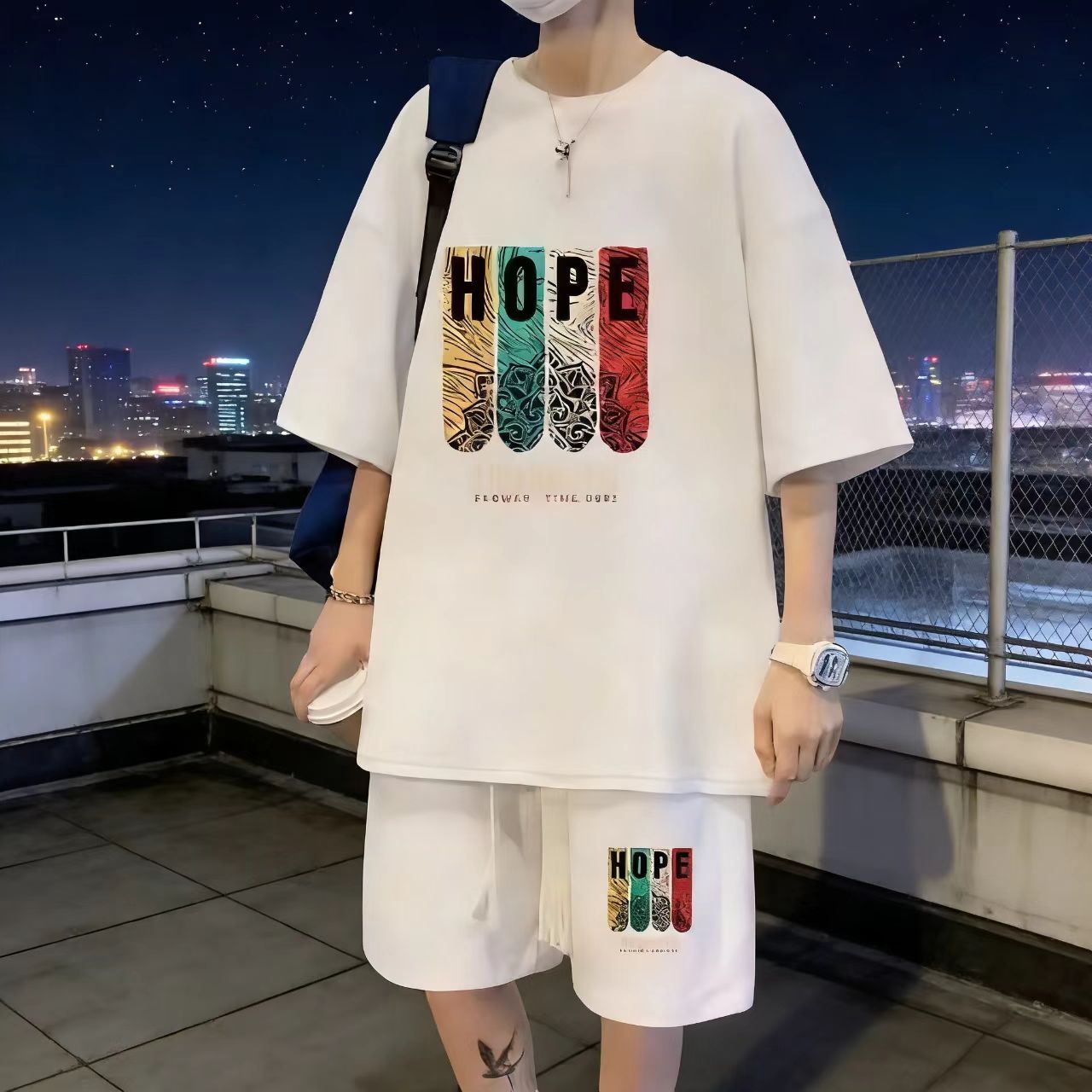 Men's Trendy Waffle Knit 2-Piece Short Set - Casual Sporty Streetwear, Loose Fit Hong Kong Style Outfit for Young Guys