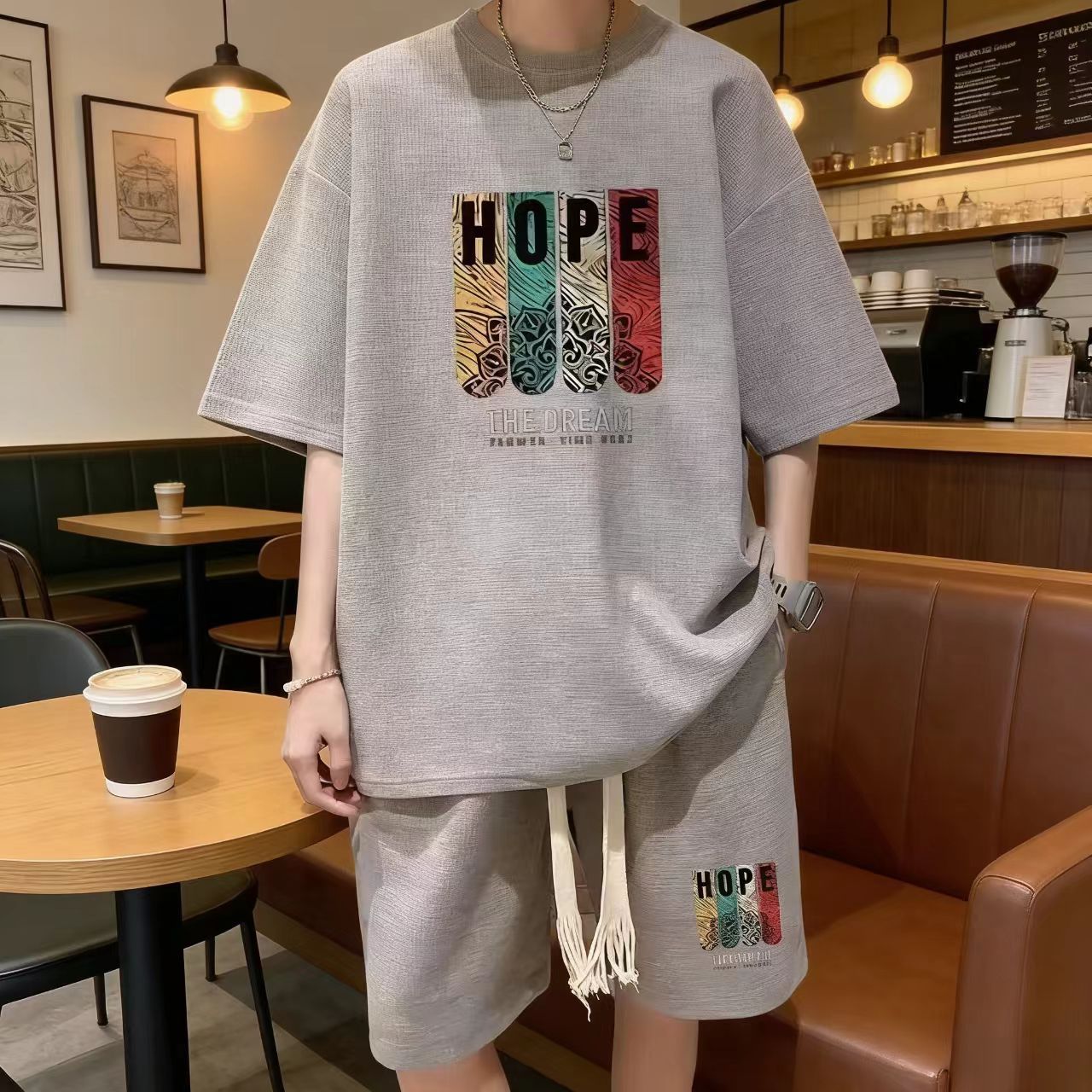 Men's Trendy Waffle Knit 2-Piece Short Set - Casual Sporty Streetwear, Loose Fit Hong Kong Style Outfit for Young Guys
