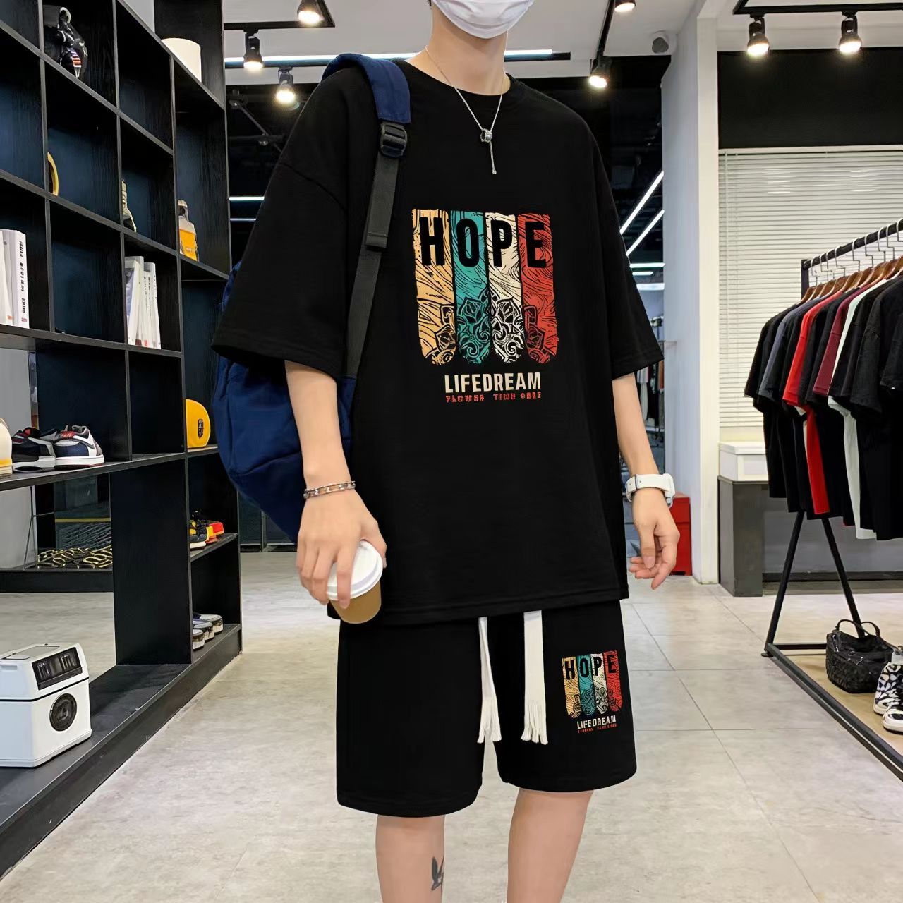 Men's Trendy Waffle Knit 2-Piece Short Set - Casual Sporty Streetwear, Loose Fit Hong Kong Style Outfit for Young Guys