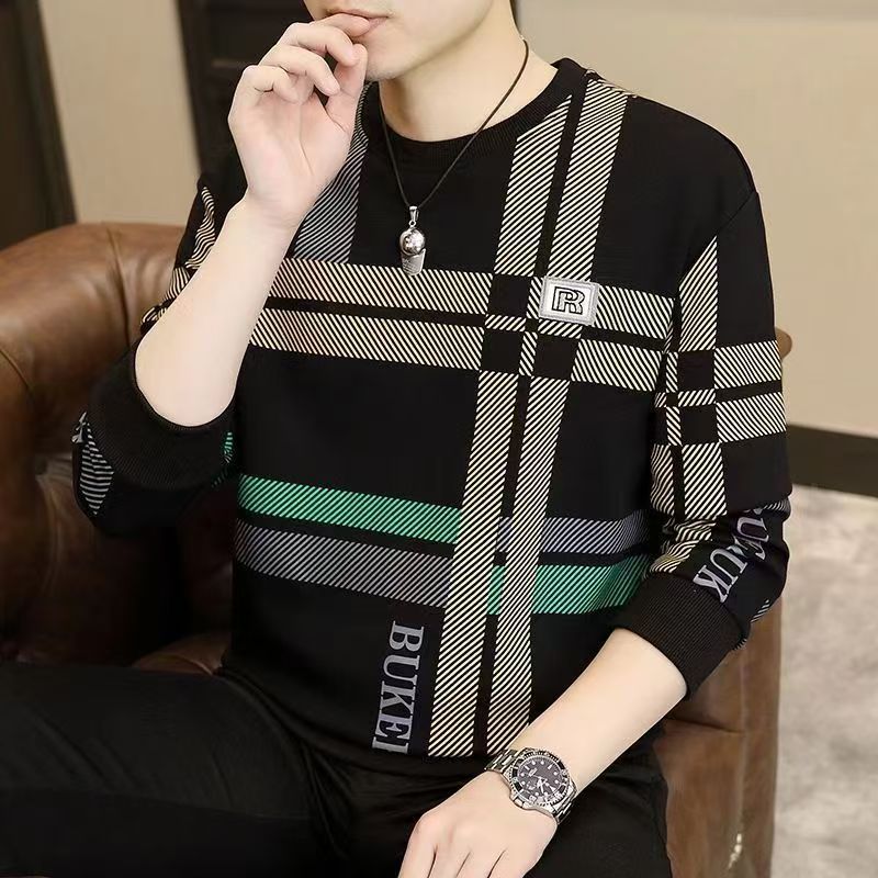 Men's High-End Fashion Color Block Crew Neck Sweatshirt, New Long Sleeve T-Shirt, Casual Inner Layer Pullover Top