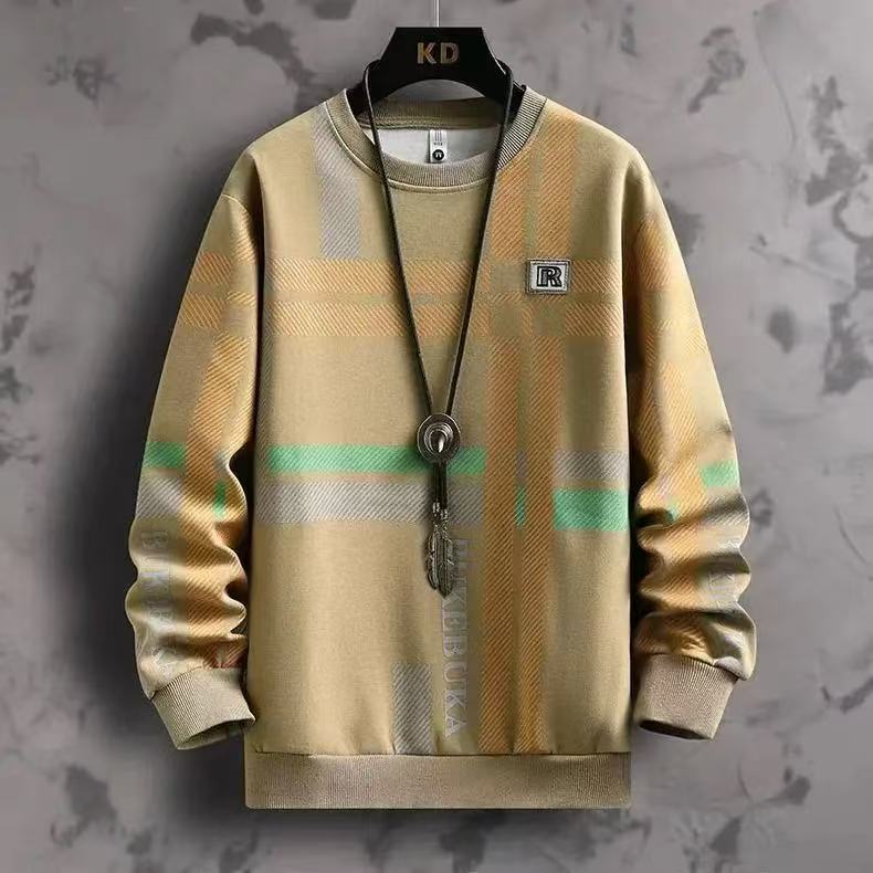 Men's High-End Fashion Color Block Crew Neck Sweatshirt, New Long Sleeve T-Shirt, Casual Inner Layer Pullover Top