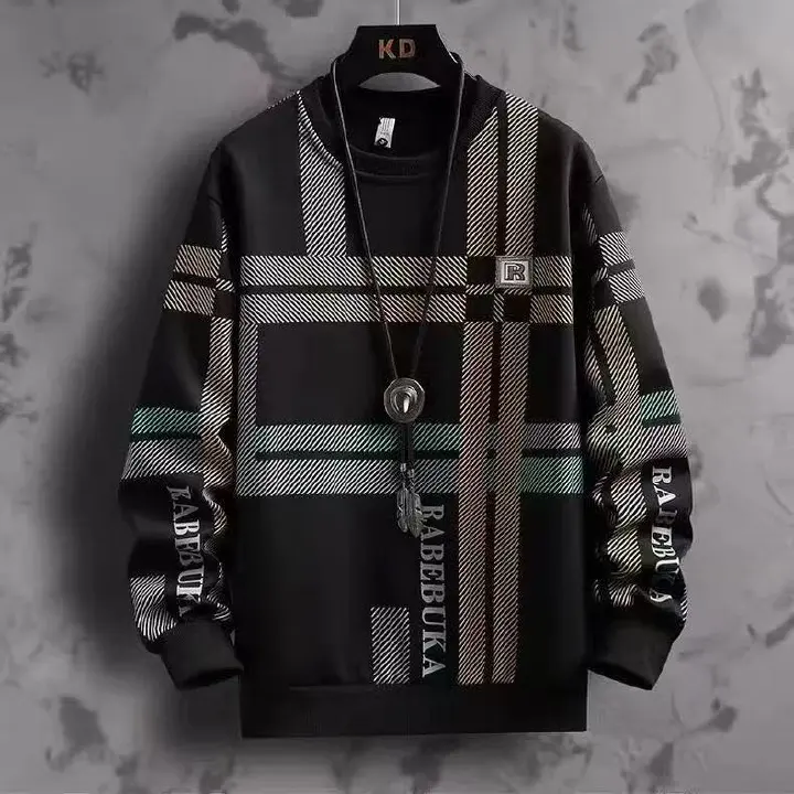 Men's High-End Fashion Color Block Crew Neck Sweatshirt, New Long Sleeve T-Shirt, Casual Inner Layer Pullover Top