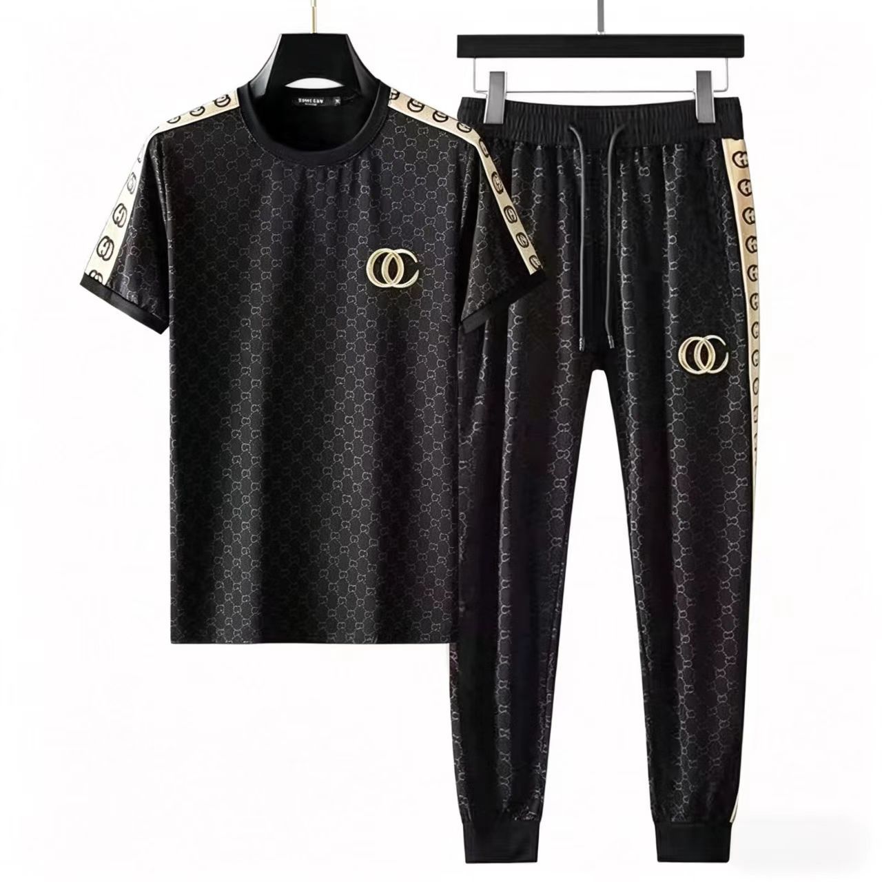 Men's Fashion 2 Piece Outfits, Luxury Style Embroidered Short Sleeve T-Shirt & Jogger Pants/Shorts Set, Casual Streetwear Sportswear for Summer, Breathable Quick Dry Matching Tracksuit for Men