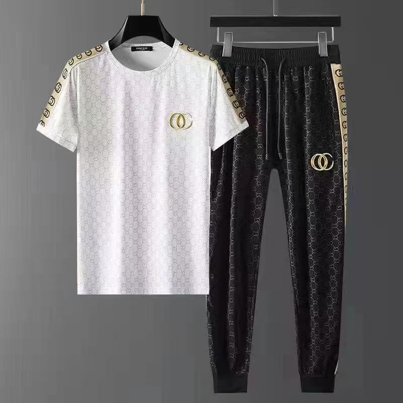 Men's Fashion 2 Piece Outfits, Luxury Style Embroidered Short Sleeve T-Shirt & Jogger Pants/Shorts Set, Casual Streetwear Sportswear for Summer, Breathable Quick Dry Matching Tracksuit for Men