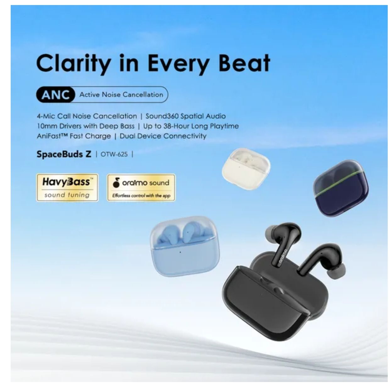[Anniversary Deal] Oraimo SpaceBuds Spatial Audio Z ANC True Wireless Earbuds 4-Mic Call Noise Cancellation Sound360 Spatial Audio Up to 38-Hour Long Playtime IPX5 Waterproof & Sweat Protection