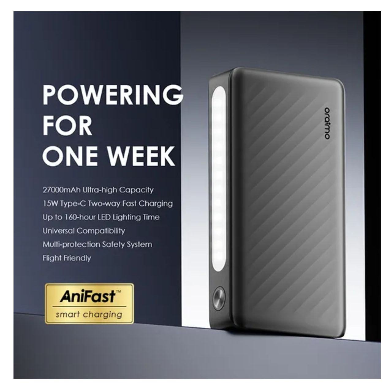 [Limited Offer] Oraimo Traveler 3 Lit 27000mAh 15W Power Bank Type-C In & Out 15W Two-way Fast Charging Dual Input Triple Outputs Fast Charge, Universal Compatibility Power Bank