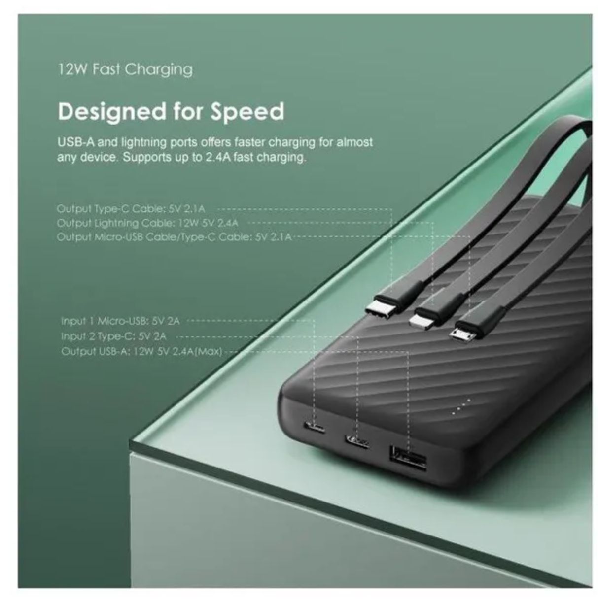 [Anniversary Special] Oraimo Slice Link 10000mAh 12W Power Bank 3 Built-in Charging Cables and 4 Outputs 12W Fast Charging 12W Fast Charging Universal Compatibility Multi-protection System Power Bank