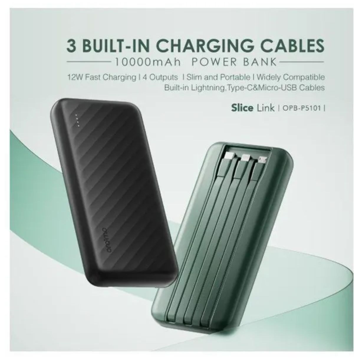 [Anniversary Special] Oraimo Slice Link 10000mAh 12W Power Bank 3 Built-in Charging Cables and 4 Outputs 12W Fast Charging 12W Fast Charging Universal Compatibility Multi-protection System Power Bank