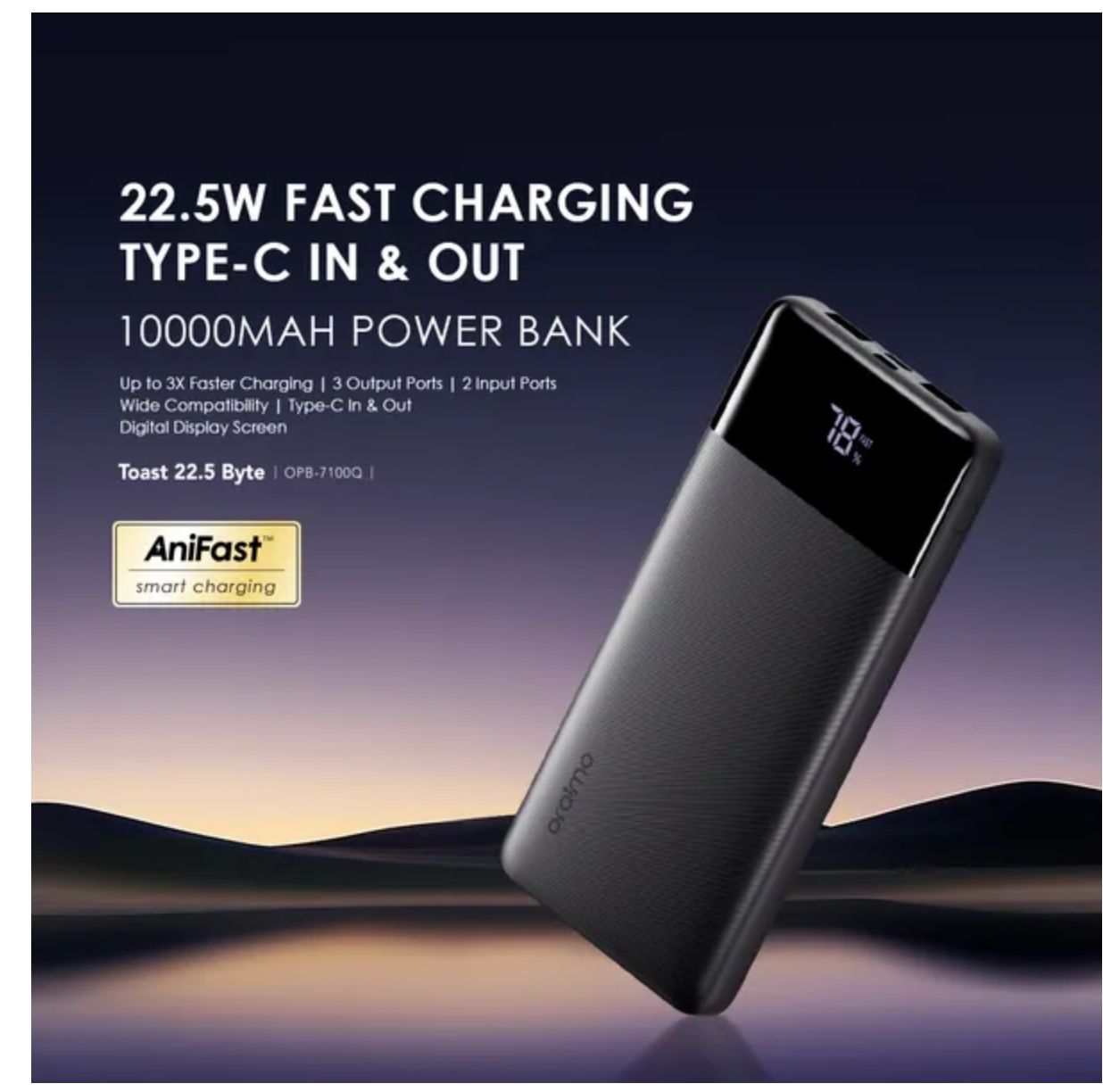 [Anniversary Deal] Oraimo Toast 22.5 Byte 10000mAh 22.5W Power Bank Digital Display Screen Type-C In & Out Up to 18W Fast Recharge Charge Up to 3 Devices Simultaneously 3 Output Ports Power Bank