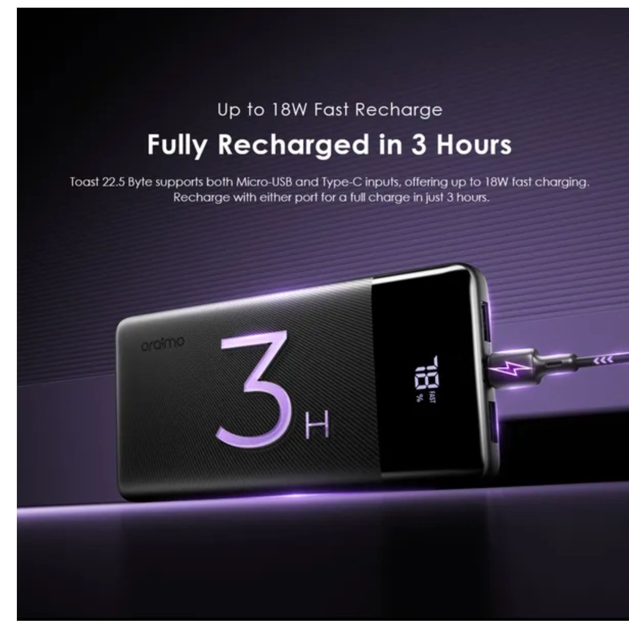 [Anniversary Deal] Oraimo Toast 22.5 Byte 10000mAh 22.5W Power Bank Digital Display Screen Type-C In & Out Up to 18W Fast Recharge Charge Up to 3 Devices Simultaneously 3 Output Ports Power Bank