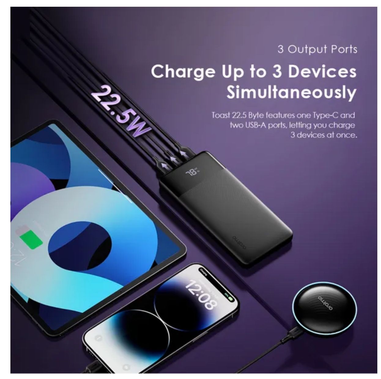 [Anniversary Deal] Oraimo Toast 22.5 Byte 10000mAh 22.5W Power Bank Digital Display Screen Type-C In & Out Up to 18W Fast Recharge Charge Up to 3 Devices Simultaneously 3 Output Ports Power Bank