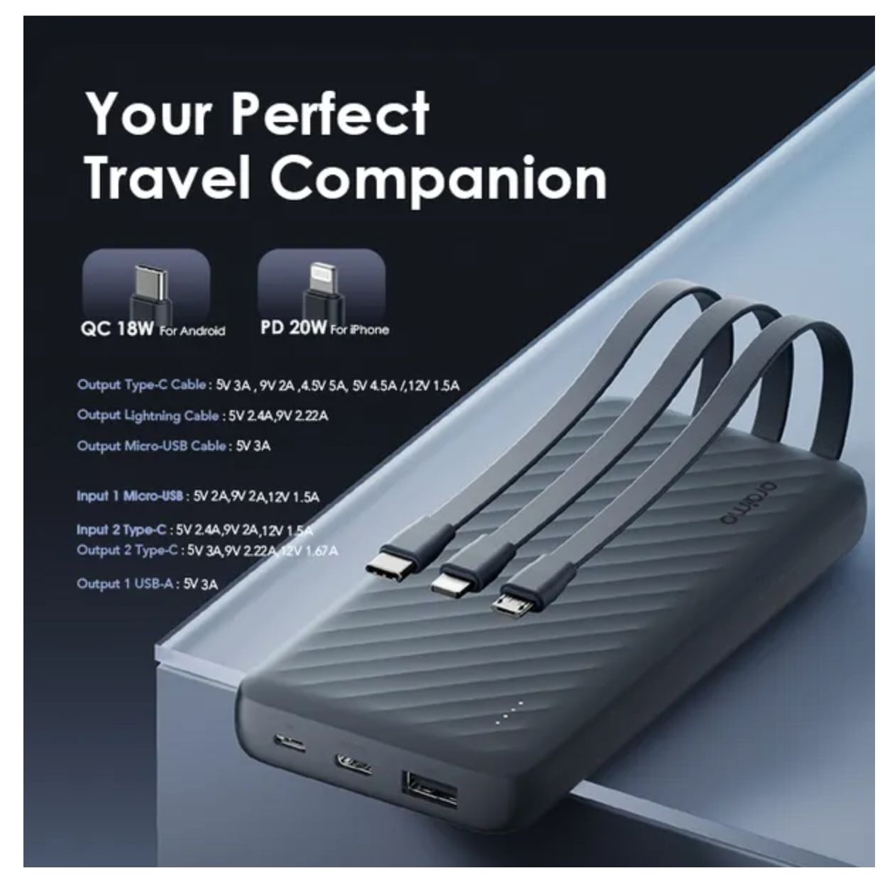 [New Arrival] Oraimo Slice Link Pro 10000mAh 22.5W Power Bank Fast Charging with 3 Built-in Charging Cables 3 Built-in Charging Cables and 4 Outputs Universal Compatibility Power Bank