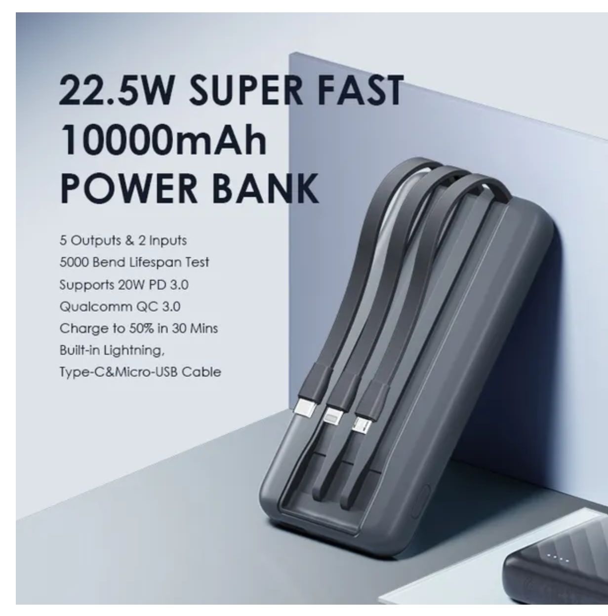 [New Arrival] Oraimo Slice Link Pro 10000mAh 22.5W Power Bank Fast Charging with 3 Built-in Charging Cables 3 Built-in Charging Cables and 4 Outputs Universal Compatibility Power Bank
