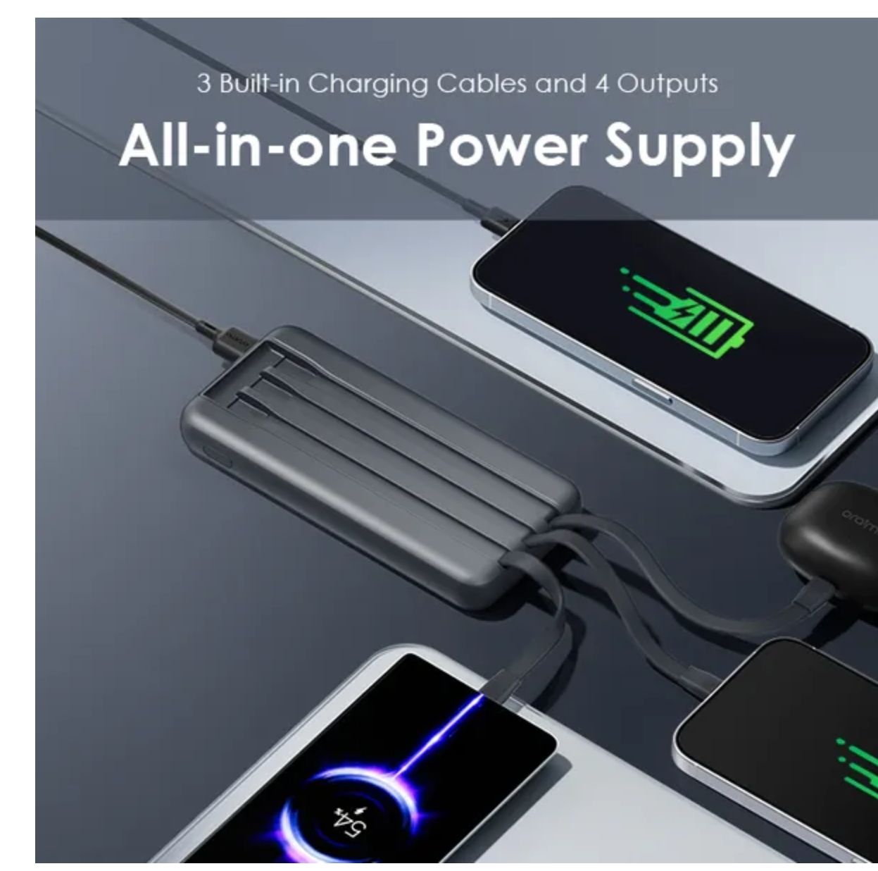 [New Arrival] Oraimo Slice Link Pro 10000mAh 22.5W Power Bank Fast Charging with 3 Built-in Charging Cables 3 Built-in Charging Cables and 4 Outputs Universal Compatibility Power Bank