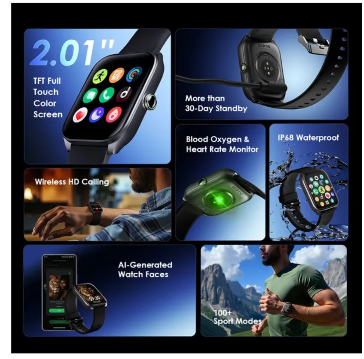 Oraimo Watch 5N 2.01'' TFT IP68 Smart Watch Up to 7-Day Usage Time 30-Day Standby Wireless HD Calling 100+ Sport Modes IP68 Waterproof & Dustproof AI-Generated Watch Faces Smartwatch