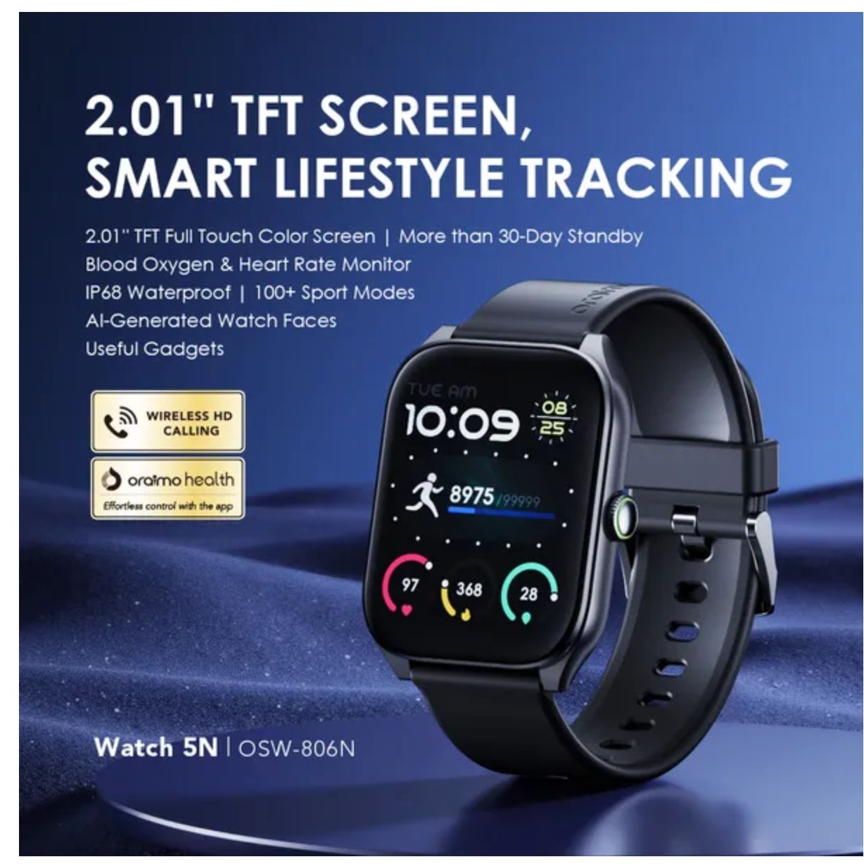 Oraimo Watch 5N 2.01'' TFT IP68 Smart Watch Up to 7-Day Usage Time 30-Day Standby Wireless HD Calling 100+ Sport Modes IP68 Waterproof & Dustproof AI-Generated Watch Faces Smartwatch