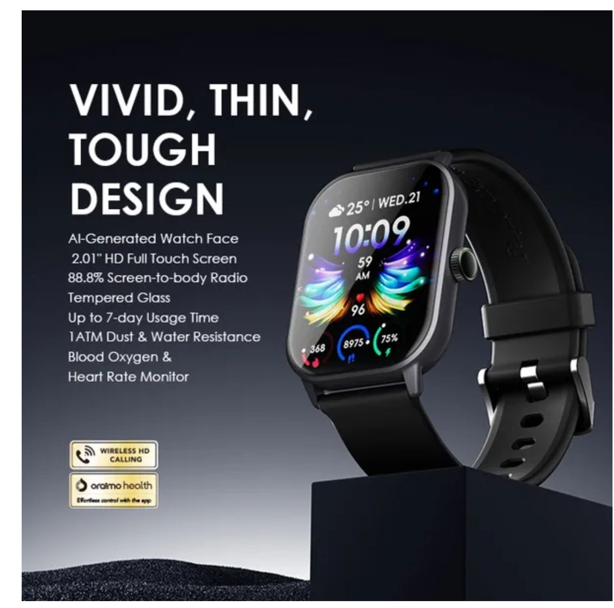 Oraimo Watch 5 2.01" HD Panda Glass 1ATM Smart Watch 300mAh Battery 7-Day Usage Time Scratch-resistant More Durable Wireless HD Calling All-day Health Monitoring 1ATM Water-resistant Smartwatch