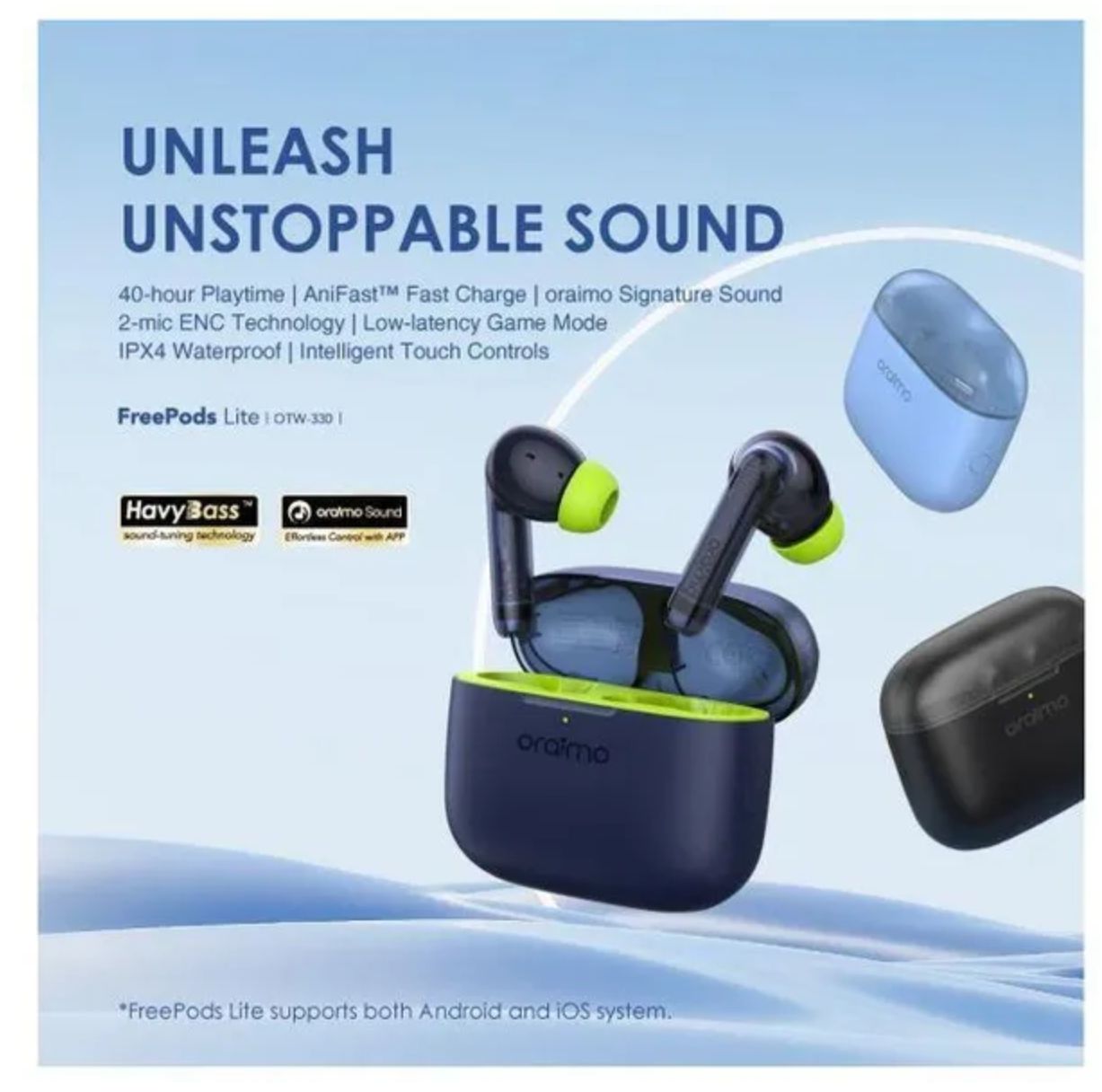 Oraimo FreePods Lite ENC True Wireless Earbuds 40-hour Playtime AniFast™ Fast Charge Crystal Clear Voice in Calls 2-mic ENC Technology IPX4 Waterproof Intelligent Touch Controls Earbuds Earphones