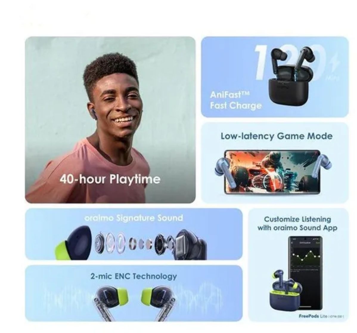 Oraimo FreePods Lite ENC True Wireless Earbuds 40-hour Playtime AniFast™ Fast Charge Crystal Clear Voice in Calls 2-mic ENC Technology IPX4 Waterproof Intelligent Touch Controls Earbuds Earphones