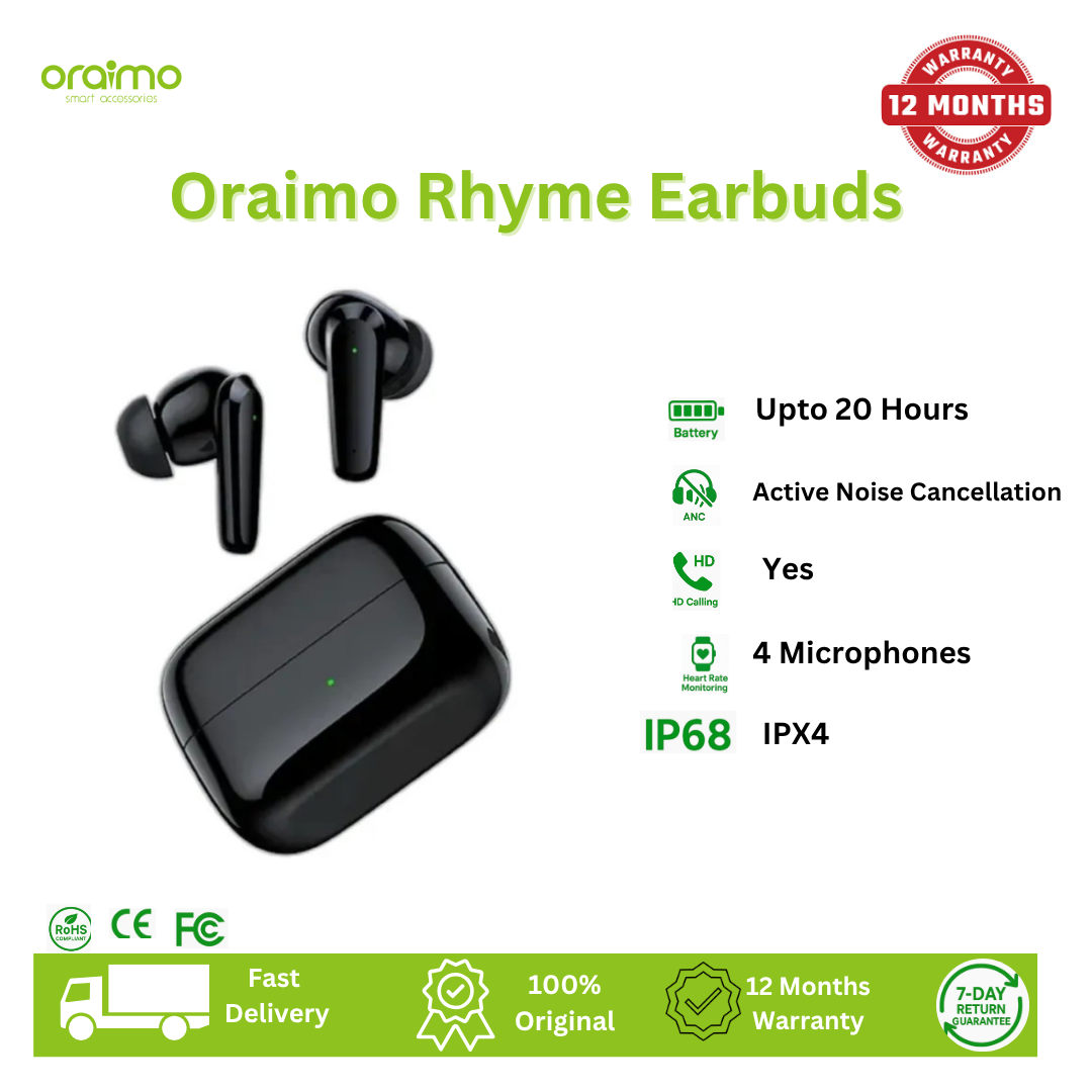 Oraimo Rhyme ANC True Wireless Earbuds Up to 20-hour Playtime Immersive Gaming 4-mic Noise Cancellation in Calls Thumping Bass Active Noise Cancellation Earbuds Earphones