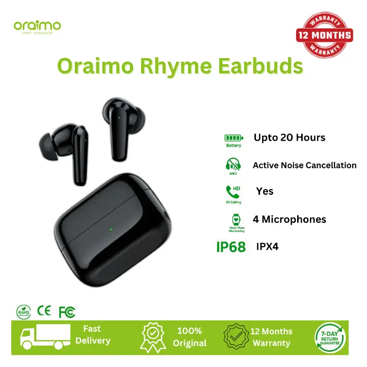 Oraimo Rhyme ANC True Wireless Earbuds Up to 20-hour Playtime Immersive Gaming 4-mic Noise Cancellation in Calls Thumping Bass Active Noise Cancellation Earbuds Earphones
