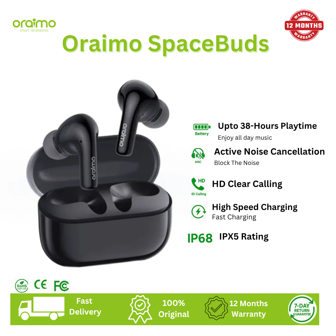Oraimo FreePods Lite ENC True Wireless Earbuds 40-hour Playtime AniFast™ Fast Charge Crystal Clear Voice in Calls 2-mic ENC Technology IPX4 Waterproof Intelligent Touch Controls Earbuds Earphones