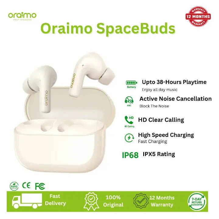Oraimo FreePods Lite ENC True Wireless Earbuds 40-hour Playtime AniFast™ Fast Charge Crystal Clear Voice in Calls 2-mic ENC Technology IPX4 Waterproof Intelligent Touch Controls Earbuds Earphones