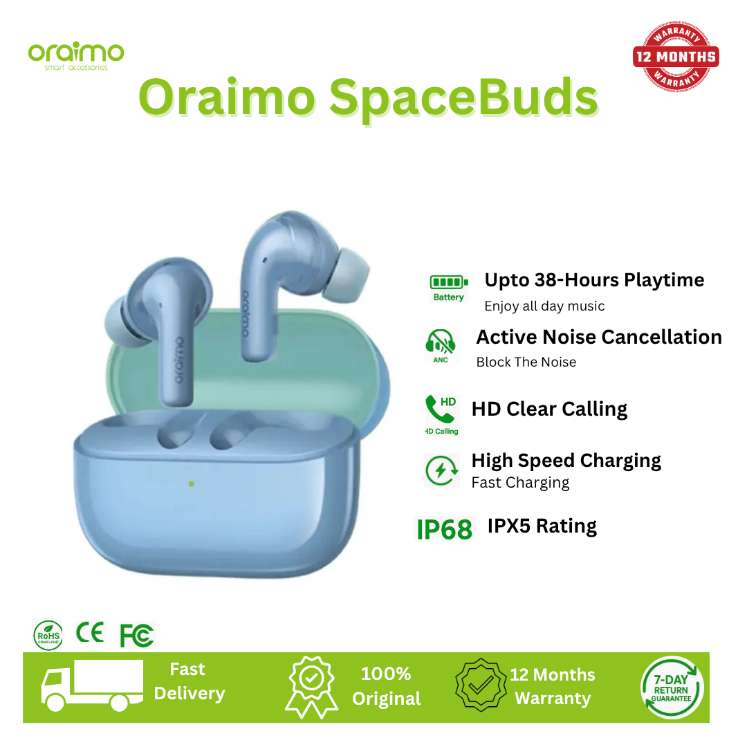 Oraimo FreePods Lite ENC True Wireless Earbuds 40-hour Playtime AniFast™ Fast Charge Crystal Clear Voice in Calls 2-mic ENC Technology IPX4 Waterproof Intelligent Touch Controls Earbuds Earphones