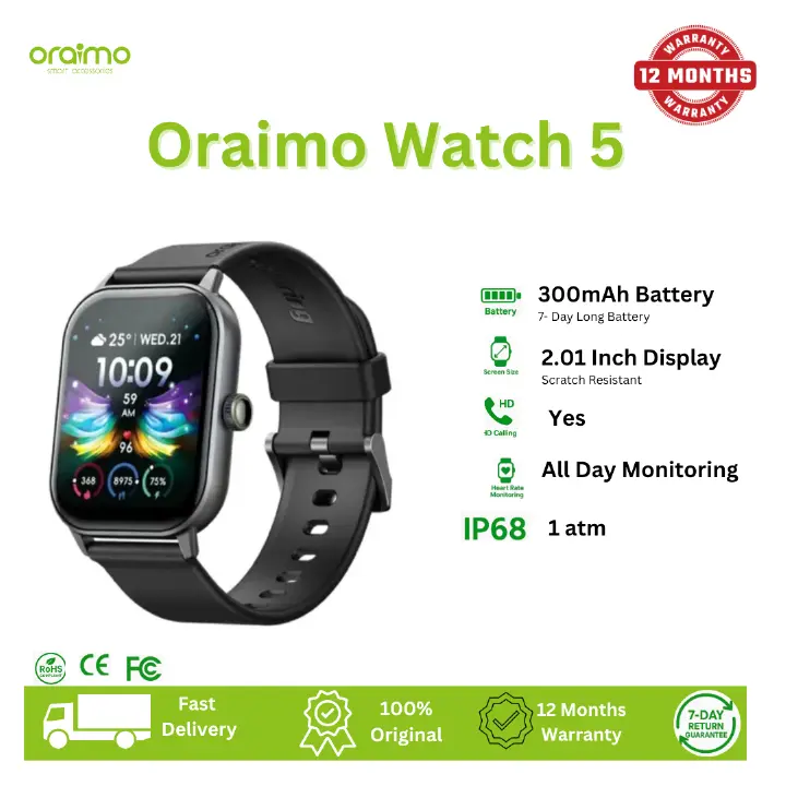 Oraimo Watch 5 2.01" HD Panda Glass 1ATM Smart Watch 300mAh Battery 7-Day Usage Time Scratch-resistant More Durable Wireless HD Calling All-day Health Monitoring 1ATM Water-resistant Smartwatch