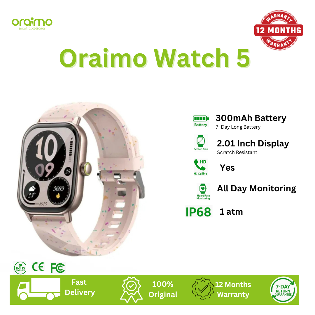 Oraimo Watch 5 2.01" HD Panda Glass 1ATM Smart Watch 300mAh Battery 7-Day Usage Time Scratch-resistant More Durable Wireless HD Calling All-day Health Monitoring 1ATM Water-resistant Smartwatch