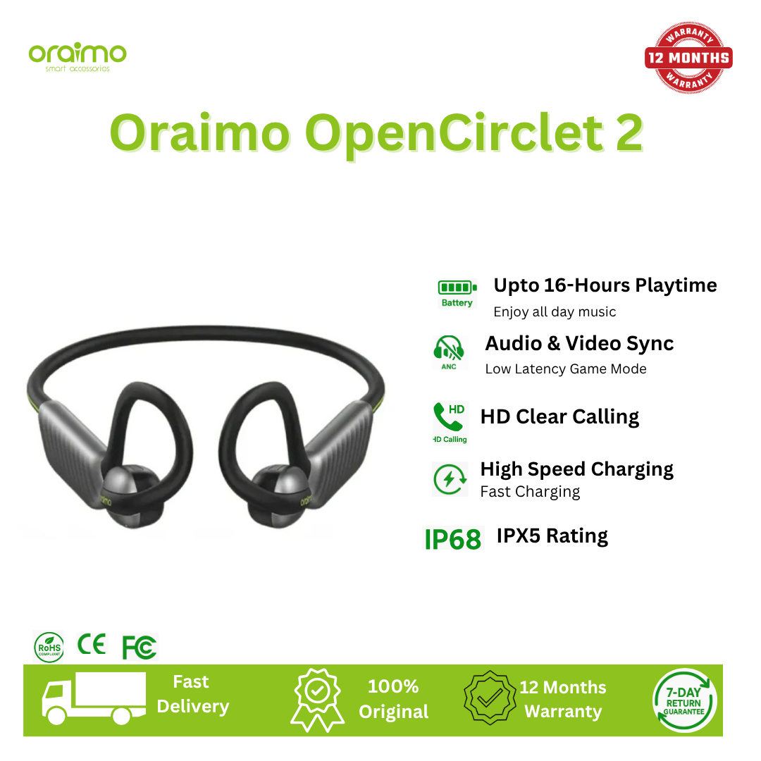 Oraimo OpenCirclet 2 IPX5 Steps Tracking Open-Ear Headphones Ultra Comfort & Secure Fit Open-Ear Bass Boost Exercise Pedometer HD Voice in Calls IPX5 Waterproof Google Pop-Up Notification Earphones