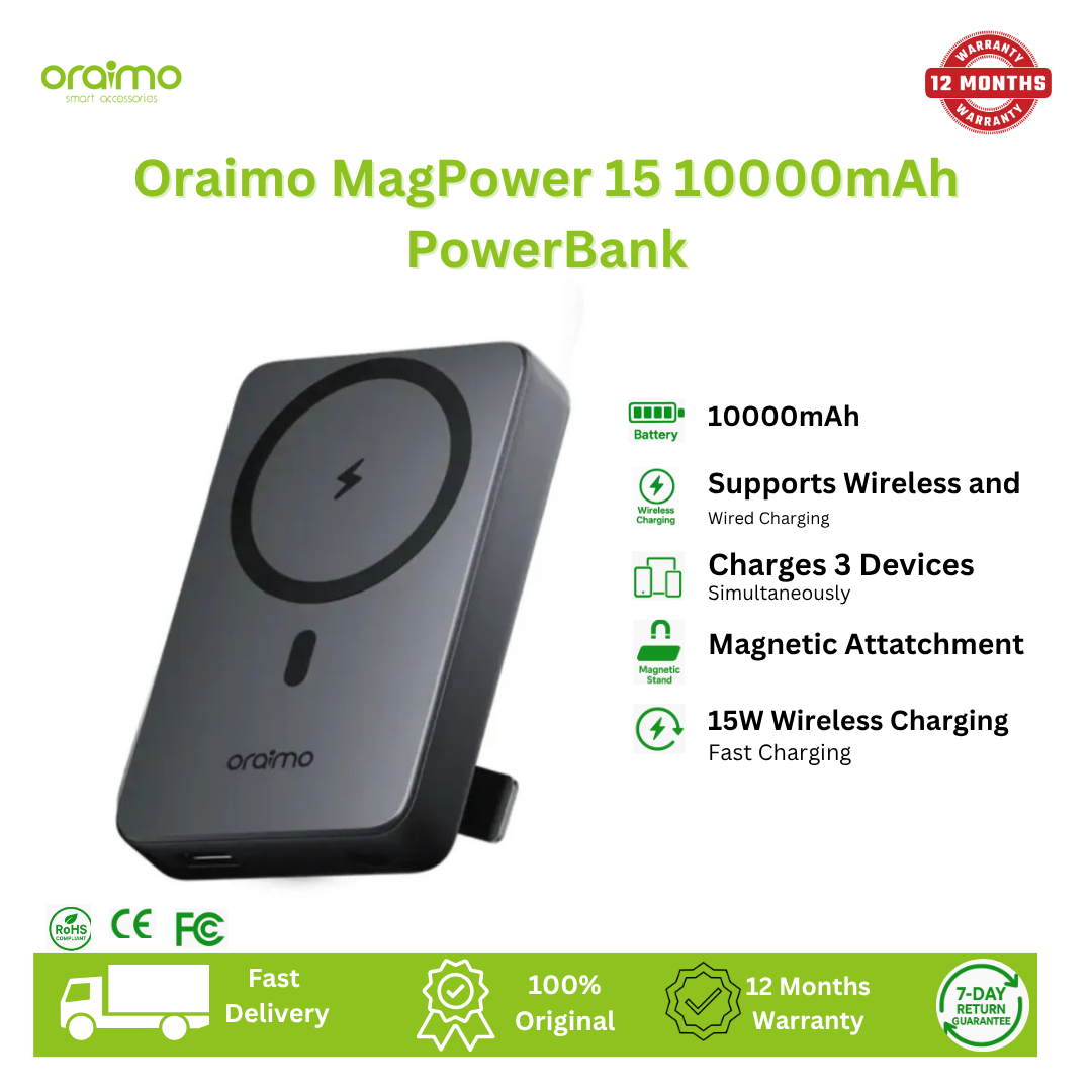 [Anniversary Special] Oraimo MagPower 15 10000mAh Wireless and Wired Power Bank 15W Wireless Charge 3-Device Charging 10N Strong Magnetic Attachment Metal Foldable Stand Smart Power Bank