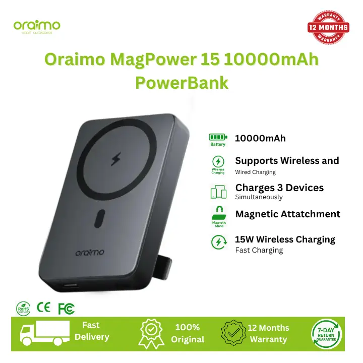 [Anniversary Special] Oraimo MagPower 15 10000mAh Wireless and Wired Power Bank 15W Wireless Charge 3-Device Charging 10N Strong Magnetic Attachment Metal Foldable Stand Smart Power Bank