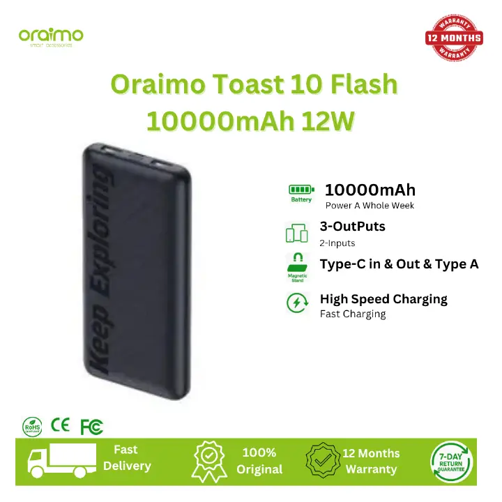[Anniversary Deal] Oraimo Toast 10 Flash 10000mAh 12W Fast Charging Power Bank Secure Charging Widely Compatible Power Bank