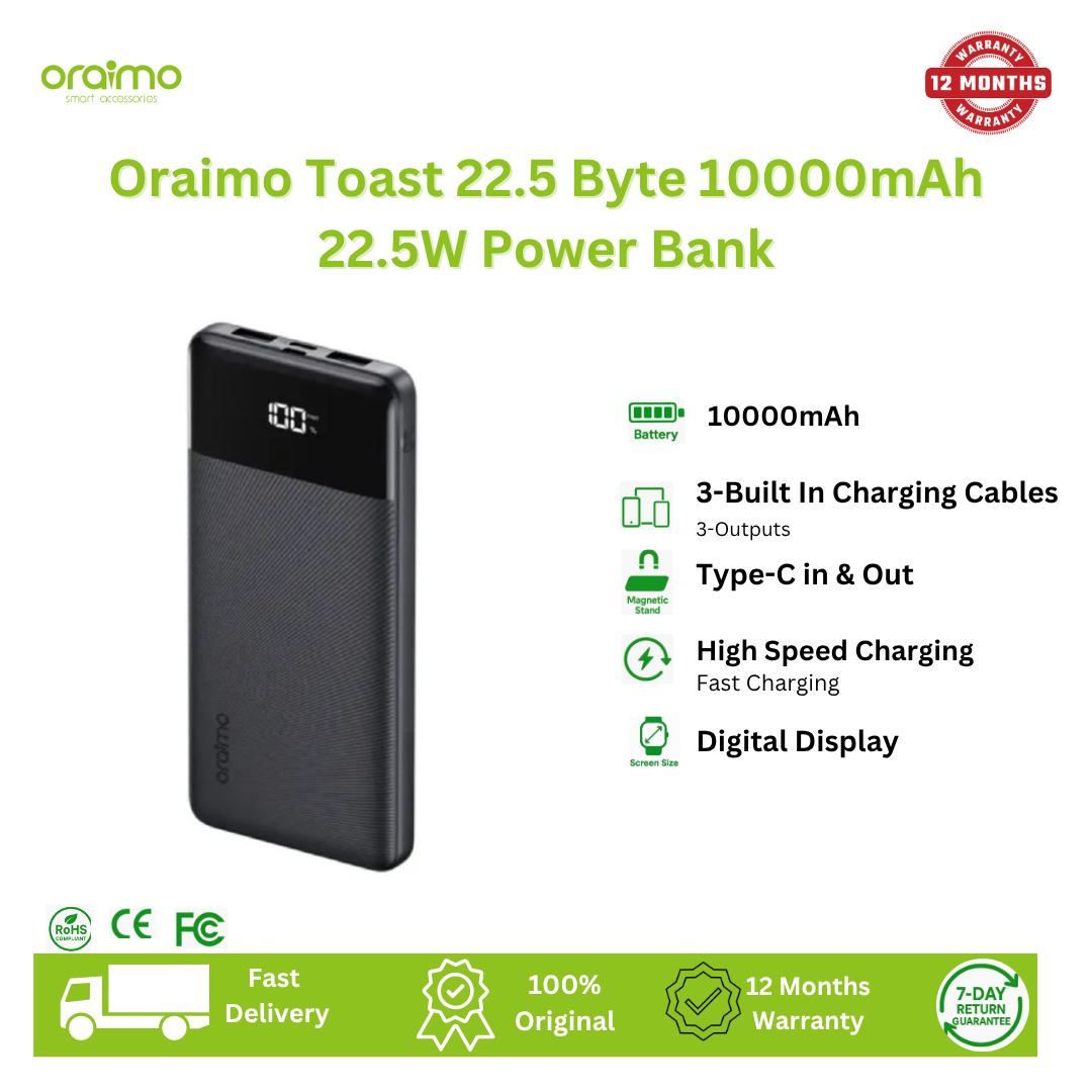 [Anniversary Deal] Oraimo Toast 22.5 Byte 10000mAh 22.5W Power Bank Digital Display Screen Type-C In & Out Up to 18W Fast Recharge Charge Up to 3 Devices Simultaneously 3 Output Ports Power Bank
