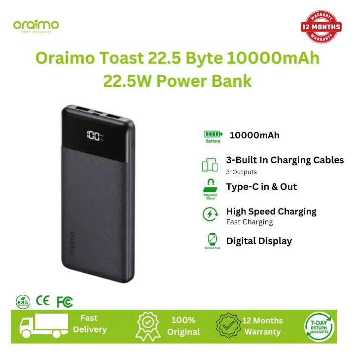 [Anniversary Deal] Oraimo Toast 22.5 Byte 10000mAh 22.5W Power Bank Digital Display Screen Type-C In & Out Up to 18W Fast Recharge Charge Up to 3 Devices Simultaneously 3 Output Ports Power Bank