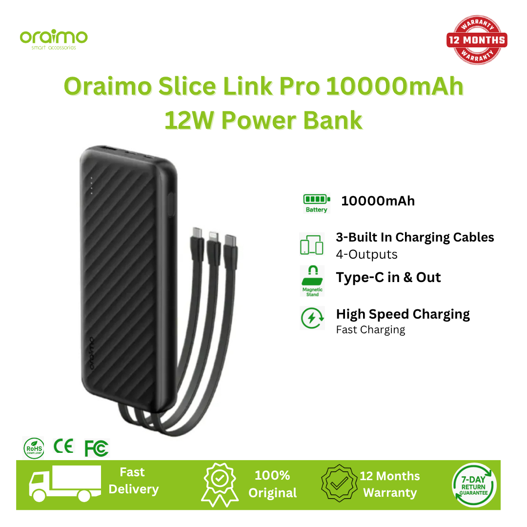 [Anniversary Special] Oraimo Slice Link 10000mAh 12W Power Bank 3 Built-in Charging Cables and 4 Outputs 12W Fast Charging 12W Fast Charging Universal Compatibility Multi-protection System Power Bank