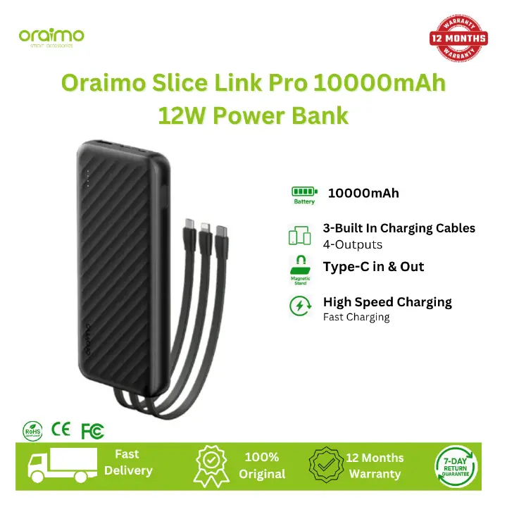 [Anniversary Special] Oraimo Slice Link 10000mAh 12W Power Bank 3 Built-in Charging Cables and 4 Outputs 12W Fast Charging 12W Fast Charging Universal Compatibility Multi-protection System Power Bank